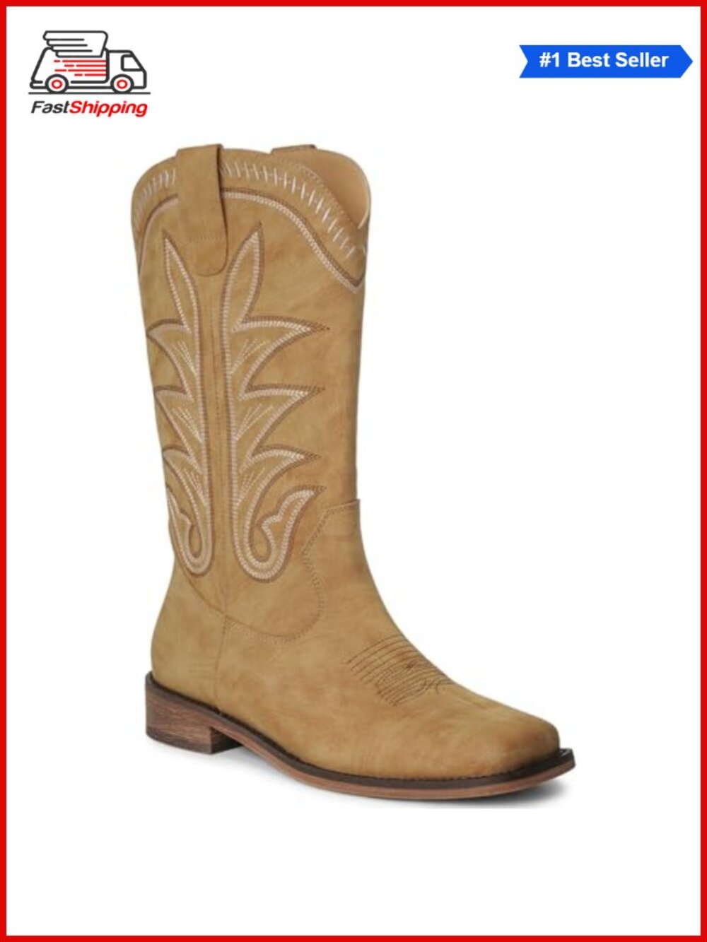 ✨Western Cowboy Boots for Women Square Toe Wide Calf Cowgirl Boots Mid Calf